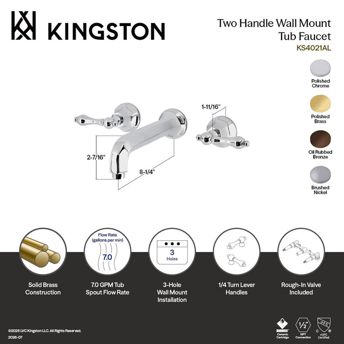 Kingston Tulare KS4021AL - Metropolitan Two-Handle 3-Hole Wall Mount Tub Faucet, Polished Chrome