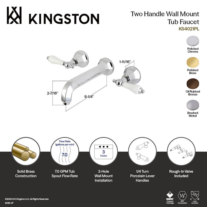 Kingston Tulare KS4022PL - Metropolitan Two-Handle 3-Hole Wall Mount Tub Faucet, Polished Brass