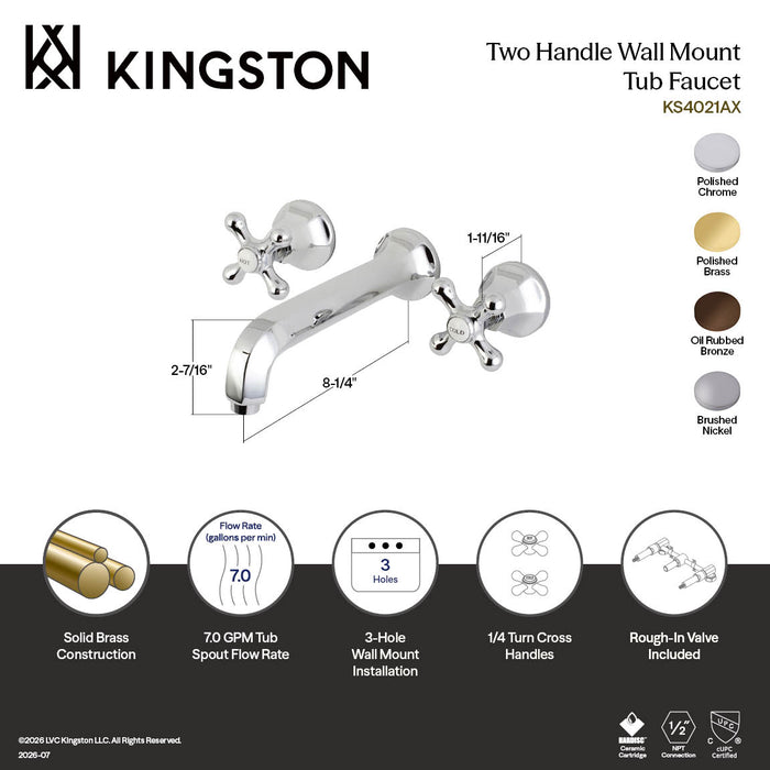 Kingston Tulare KS4025AX - Metropolitan Two-Handle 3-Hole Wall Mount Tub Faucet, Oil Rubbed Bronze