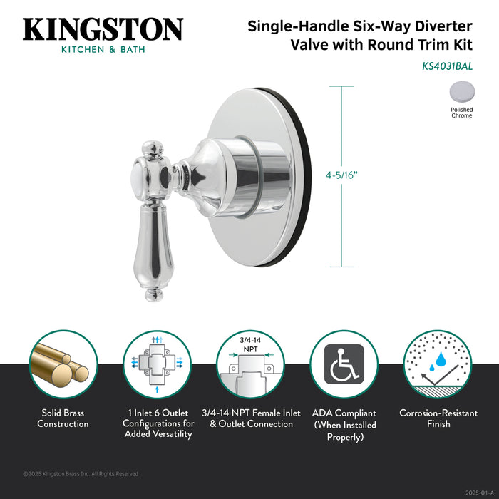 Kingston Heirloom KS4031BAL - Heirloom Single-Handle Six-Way Diverter Valve with Round Trim Kit, Polished Chrome