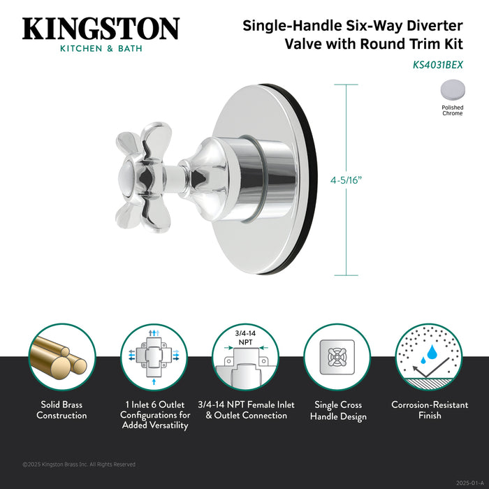 Kingston Tulare KS4031BEX - Essex Single-Handle Six-Way Diverter Valve with Round Trim Kit, Polished Chrome