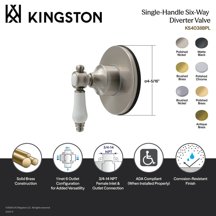 Kingston Heirloom KS4032BPL - Bel-Air Single-Handle Six-Way Diverter Valve with Round Trim Kit, Polished Brass