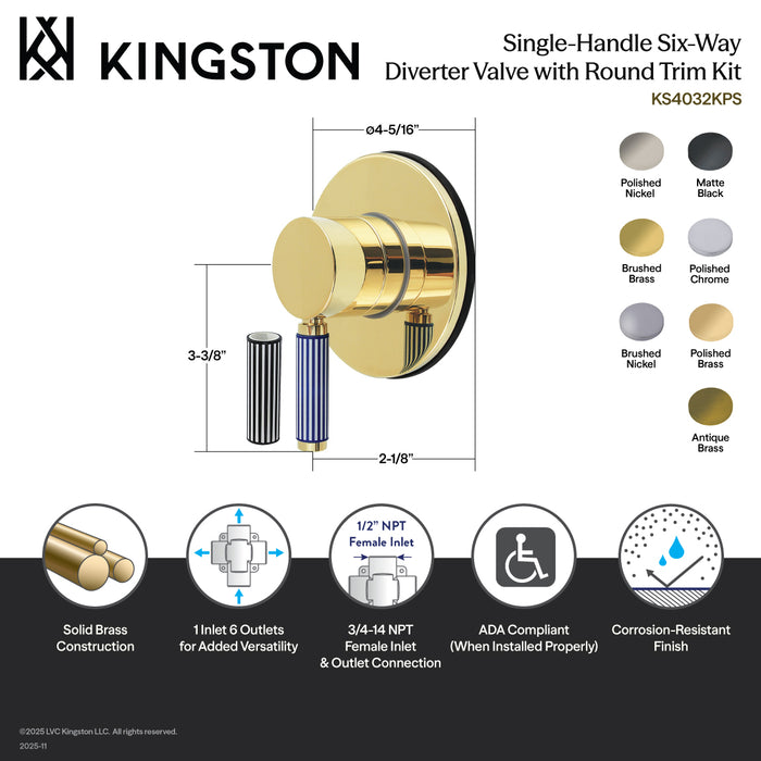 Kingston Sona KS4036KPS - Verona Single-Handle Six-Way Diverter Valve with Round Trim Kit, Polished Nickel