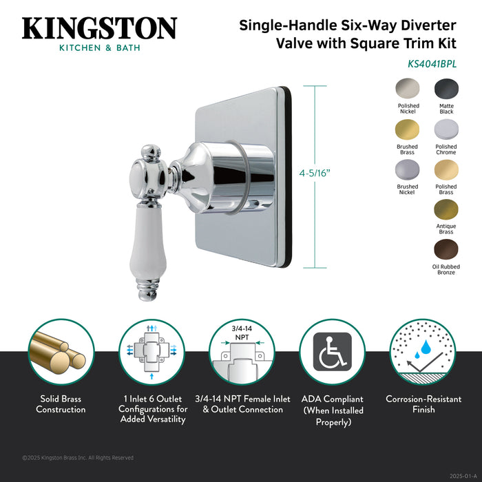 Kingston Heirloom KS4040BPL - Bel-Air Single-Handle Six-Way Diverter Valve with Square Trim Kit, Matte Black