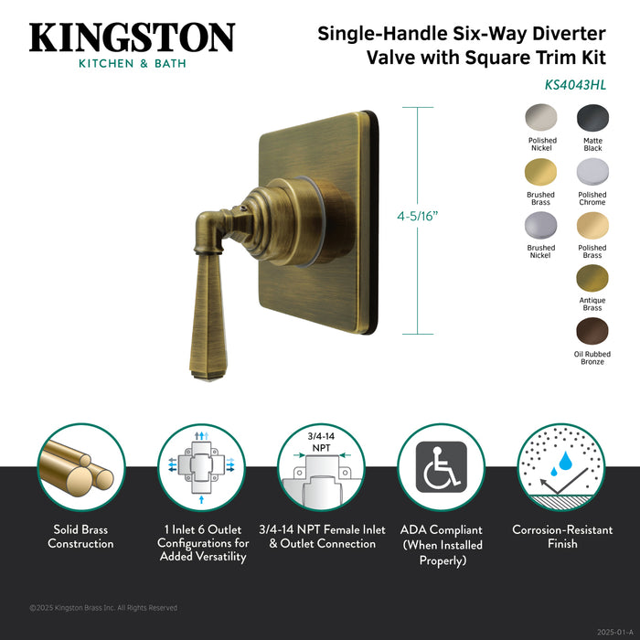 Kingston Tulare KS4040HL - Metropolitan Single-Handle Six-Way Diverter Valve with Square Trim Kit, Matte Black
