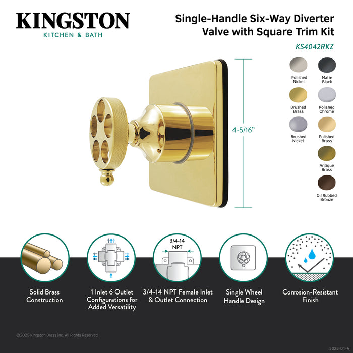 Kingston Sona KS4041RKZ - Wendell Single-Handle Six-Way Diverter Valve with Knurled Handle and Square Trim Kit, Polished Chrome