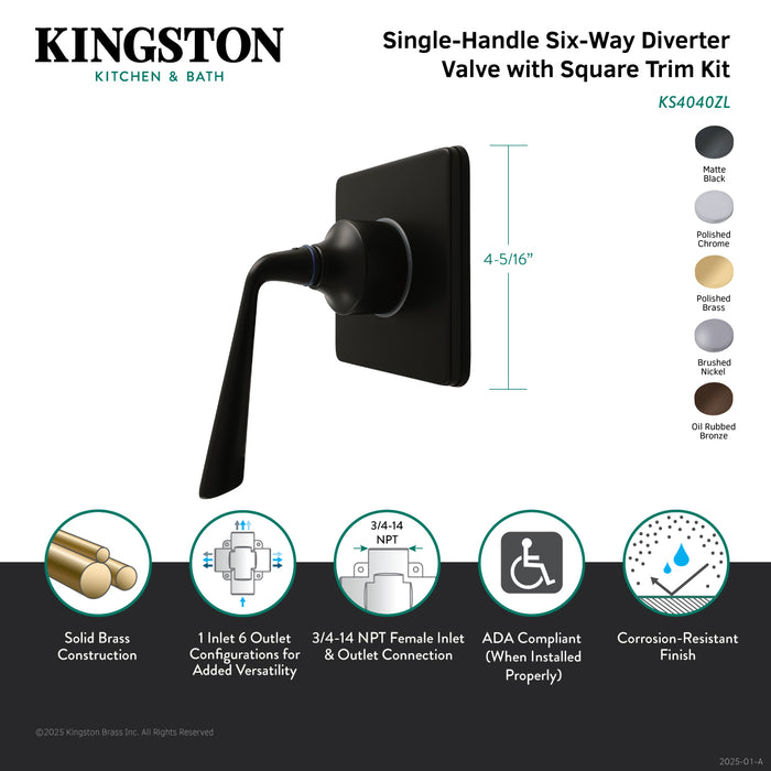 Kingston Tulare KS4041ZL - Silver Sage Single-Handle Six-Way Diverter Valve with Square Trim Kit, Polished Chrome