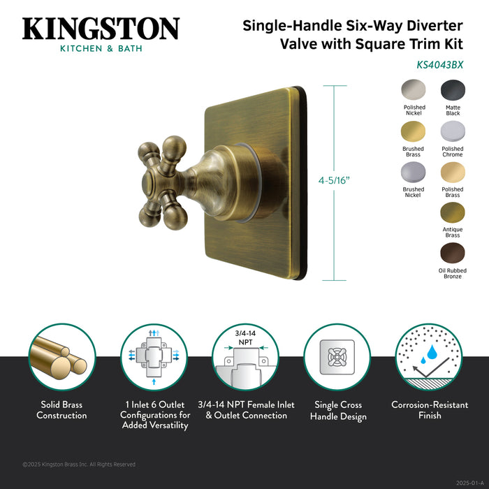 Kingston Heirloom KS4042BX - Metropolitan Single-Handle Six-Way Diverter Valve with Square Trim Kit, Polished Brass