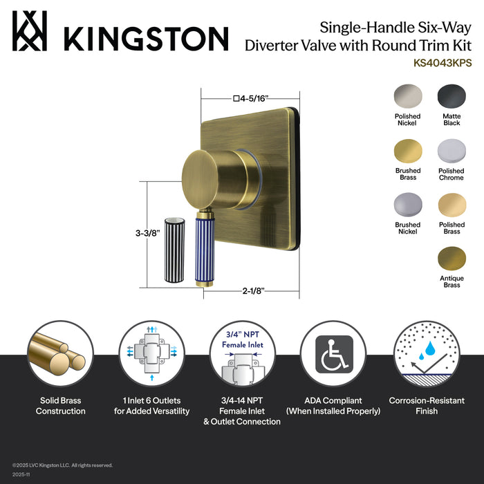 Kingston Sona KS4046KPS - Verona Single-Handle Six-Way Diverter Valve with Square Trim Kit, Polished Nickel