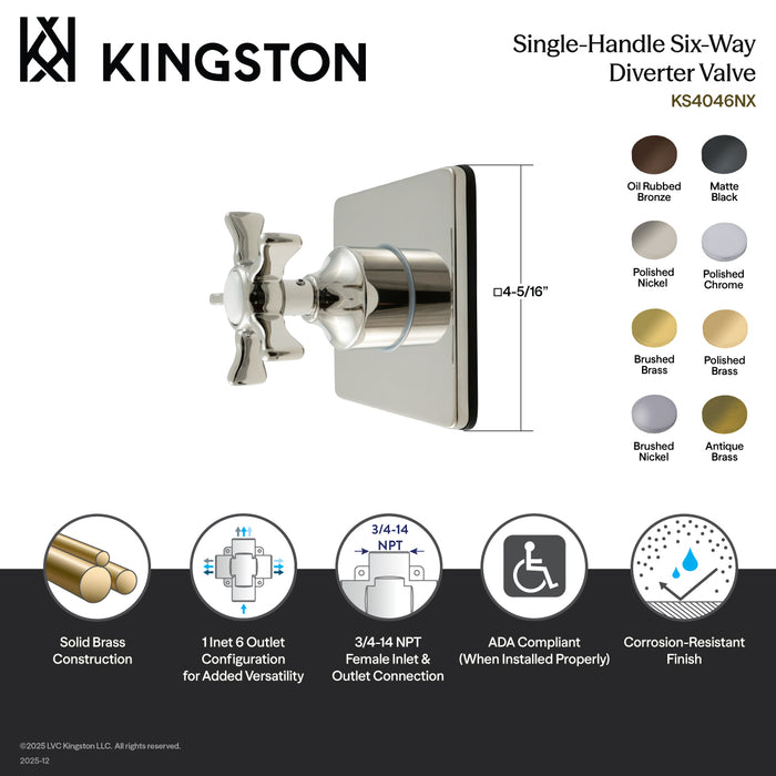 Kingston Tulare KS4046NX - Hamilton Single-Handle Six-Way Diverter Valve with Square Trim Kit, Polished Nickel