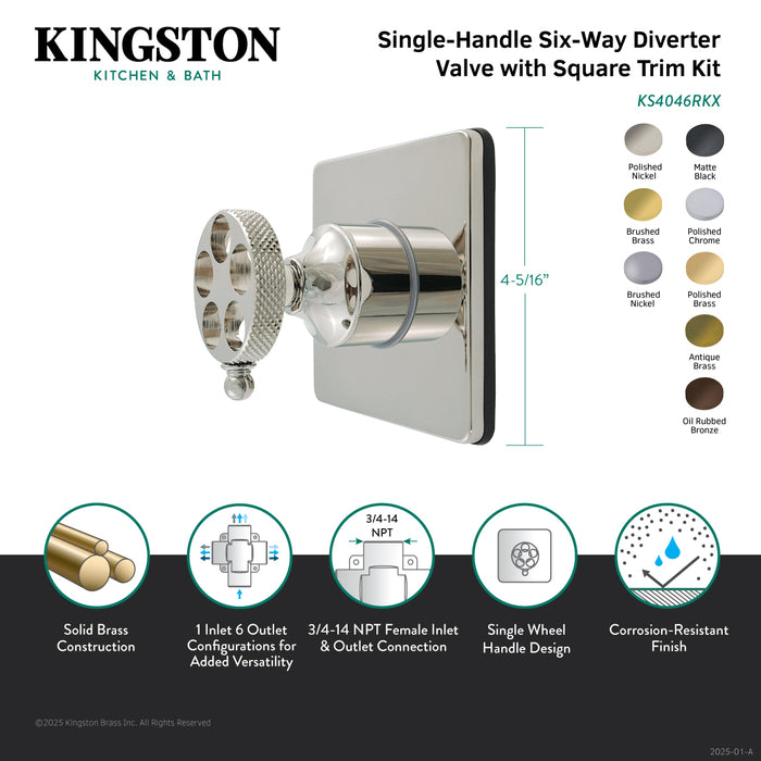 Kingston Sona KS4048RKX - Webb Single-Handle Six-Way Diverter Valve with Knurled Handle and Square Trim Kit, Brushed Nickel