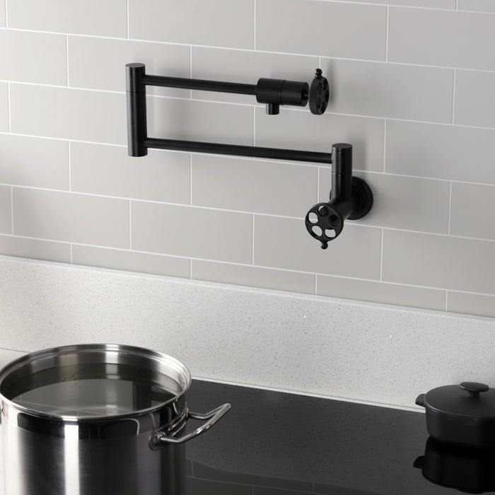 Kingston Sona KS4100RKX - Webb Two-Handle 1-Hole Wall Mount Pot Filler Faucet with Knurled Handle, Matte Black