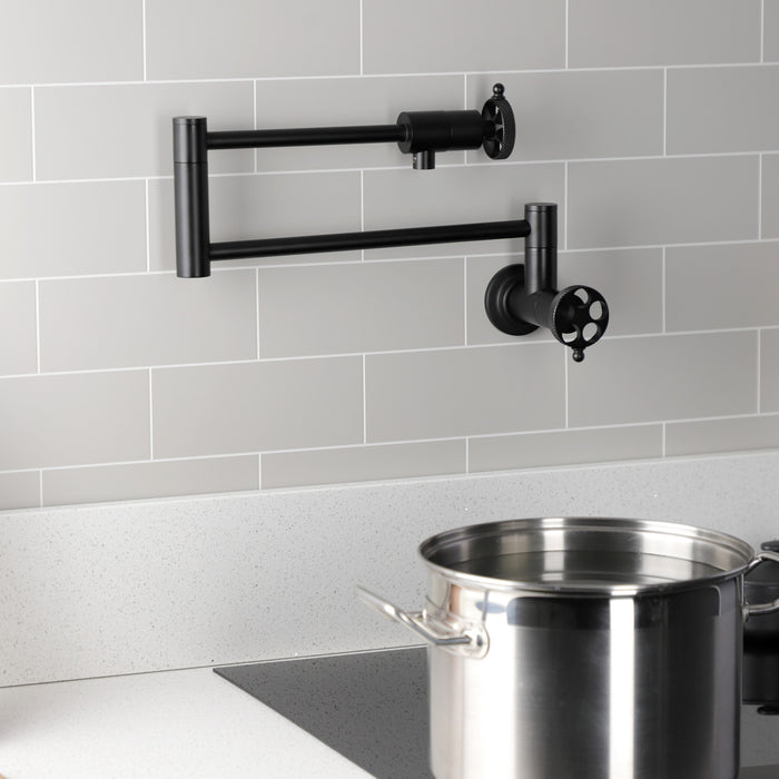 Kingston Sona KS4100RKX - Webb Two-Handle 1-Hole Wall Mount Pot Filler Faucet with Knurled Handle, Matte Black