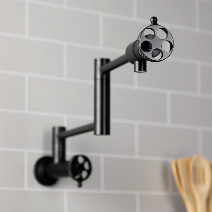 Kingston Sona KS4100RKX - Webb Two-Handle 1-Hole Wall Mount Pot Filler Faucet with Knurled Handle, Matte Black
