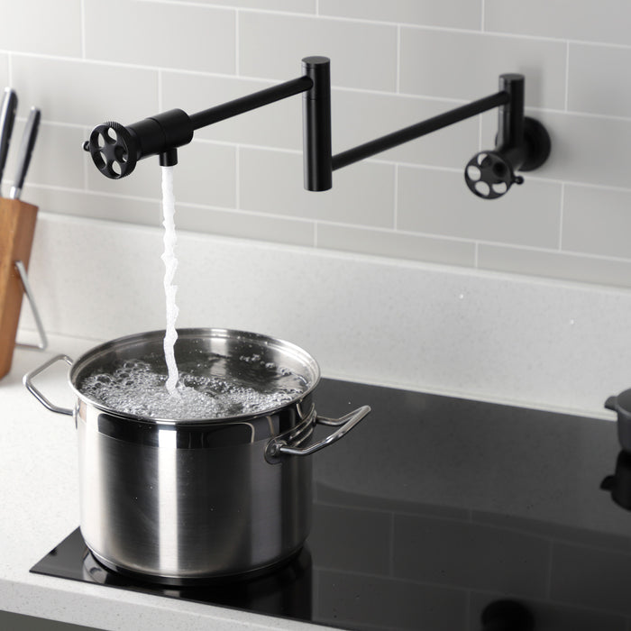 Kingston Sona KS4100RKX - Webb Two-Handle 1-Hole Wall Mount Pot Filler Faucet with Knurled Handle, Matte Black