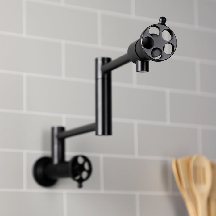 Kingston Sona KS4100RKZ - Wendell Two-Handle 1-Hole Wall Mount Pot Filler Faucet with Knurled Handle, Matte Black