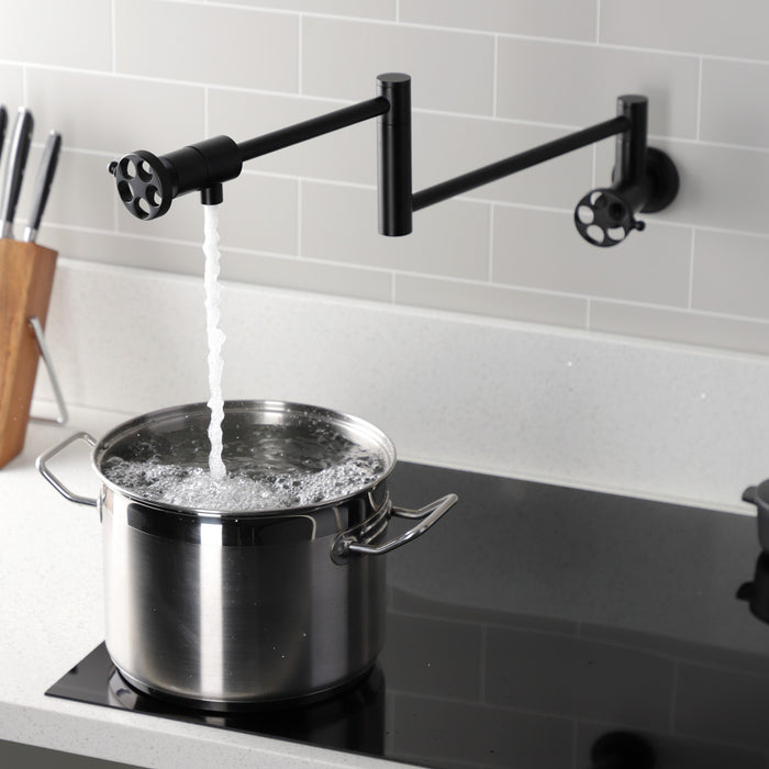 Kingston Sona KS4100RKZ - Wendell Two-Handle 1-Hole Wall Mount Pot Filler Faucet with Knurled Handle, Matte Black