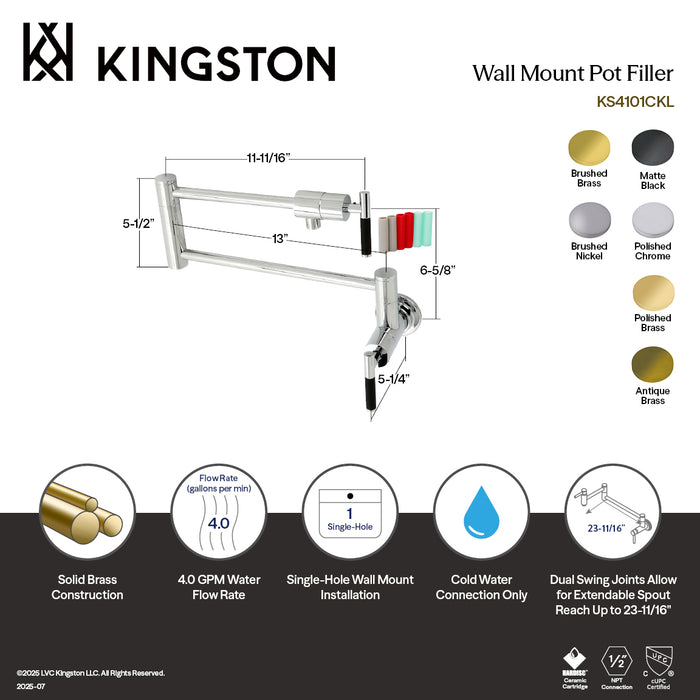 Kingston Sona KS4101CKL - Kaiser Two-Handle 1-Hole Wall Mount Pot Filler Faucet, Polished Chrome