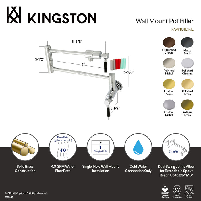 Kingston Sona KS4101DKL - Kaiser Two-Handle 1-Hole Wall Mount Pot Filler Faucet, Polished Chrome