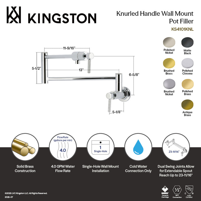 Kingston Sona KS4101KNL - Convergent Two-Handle 1-Hole Wall Mount Pot Filler Faucet with Knurled Handle, Polished Chrome