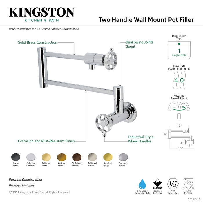 Kingston Sona KS4101RKZ - Wendell Two-Handle 1-Hole Wall Mount Pot Filler Faucet with Knurled Handle, Polished Chrome