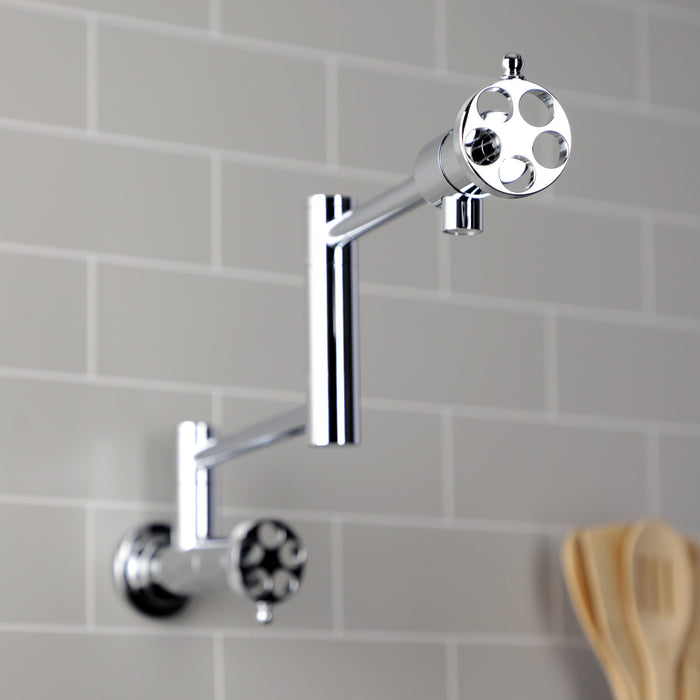 Kingston Sona KS4101RKZ - Wendell Two-Handle 1-Hole Wall Mount Pot Filler Faucet with Knurled Handle, Polished Chrome