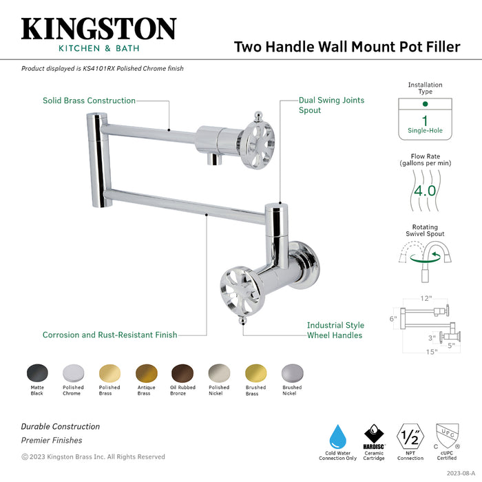 Kingston Sona KS4101RX - Belknap Two-Handle 1-Hole Wall Mount Pot Filler Faucet, Polished Chrome