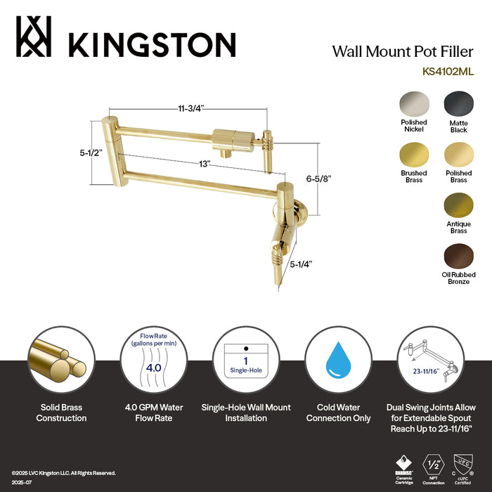 Kingston Sona KS4102ML - Milano Two-Handle 1-Hole Wall Mount Pot Filler Faucet, Polished Brass