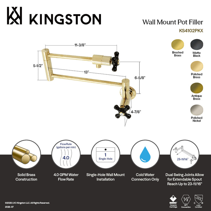 Kingston Tulare KS4102PKX - Duchess Two-Handle 1-Hole Wall Mount Pot Filler Faucet, Polished Brass