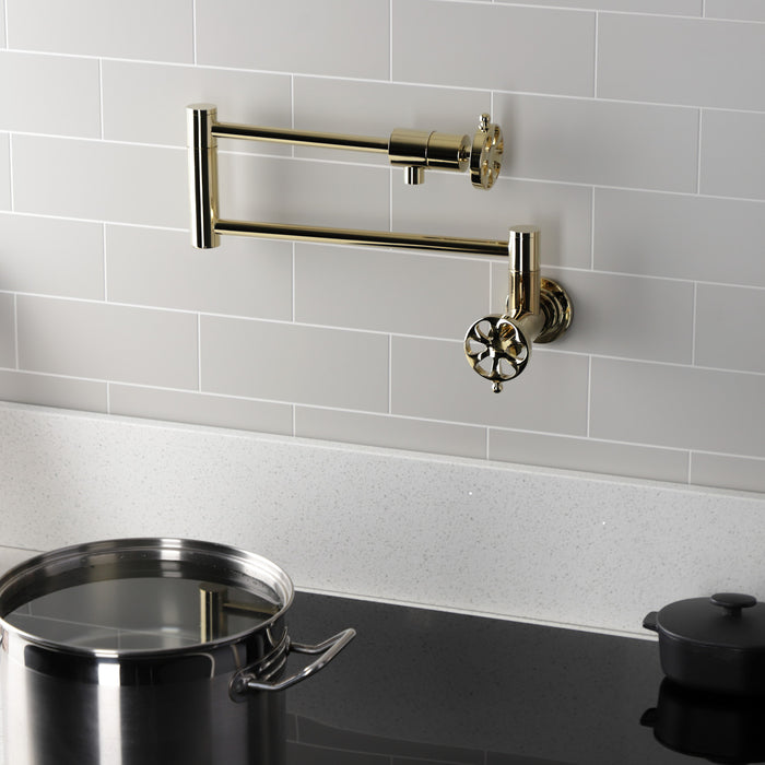 Kingston Sona KS4102RX - Belknap Two-Handle 1-Hole Wall Mount Pot Filler Faucet, Polished Brass