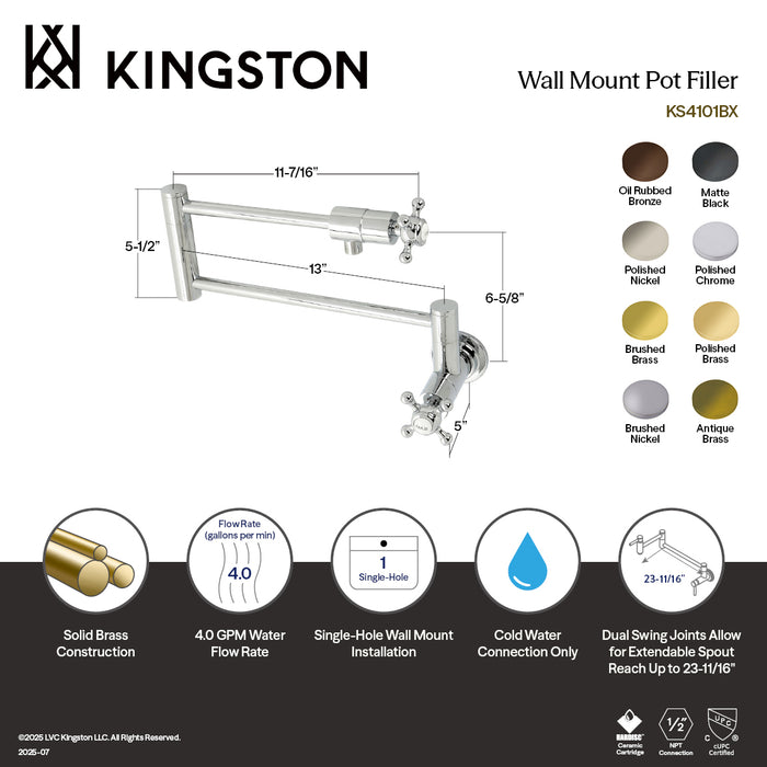 Kingston Tulare KS4103BX - Metropolitan Two-Handle 1-Hole Wall Mount Pot Filler Faucet, Antique Brass
