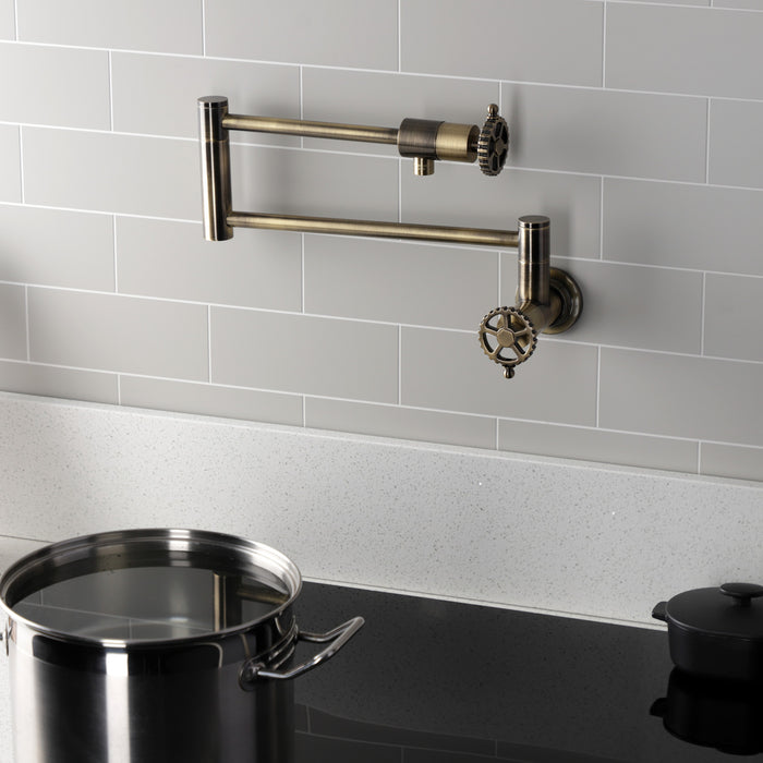 Kingston Sona KS4103CG - Fuller Two-Handle 1-Hole Wall Mount Pot Filler Faucet, Antique Brass