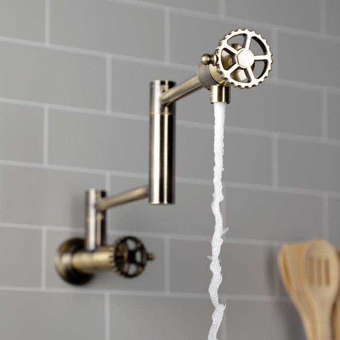 Kingston Sona KS4103CG - Fuller Two-Handle 1-Hole Wall Mount Pot Filler Faucet, Antique Brass