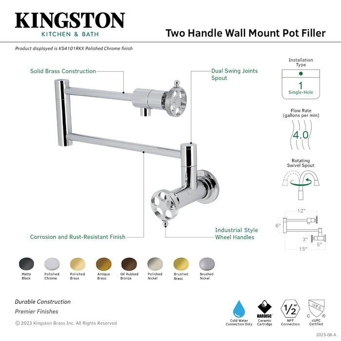 Kingston Sona KS4103RKX - Webb Two-Handle 1-Hole Wall Mount Pot Filler Faucet with Knurled Handle, Antique Brass