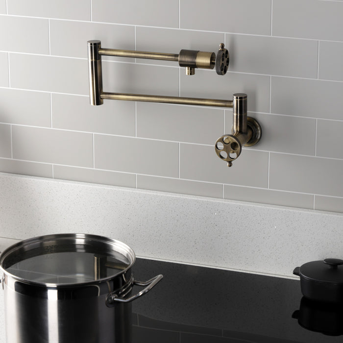 Kingston Sona KS4103RKX - Webb Two-Handle 1-Hole Wall Mount Pot Filler Faucet with Knurled Handle, Antique Brass