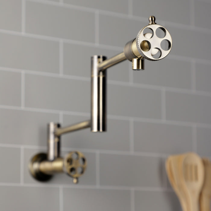 Kingston Sona KS4103RKX - Webb Two-Handle 1-Hole Wall Mount Pot Filler Faucet with Knurled Handle, Antique Brass