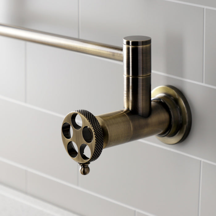 Kingston Sona KS4103RKX - Webb Two-Handle 1-Hole Wall Mount Pot Filler Faucet with Knurled Handle, Antique Brass