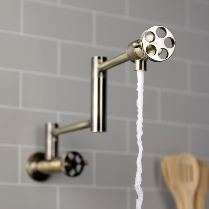 Kingston Sona KS4103RKX - Webb Two-Handle 1-Hole Wall Mount Pot Filler Faucet with Knurled Handle, Antique Brass