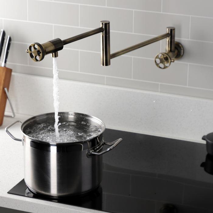 Kingston Sona KS4103RKX - Webb Two-Handle 1-Hole Wall Mount Pot Filler Faucet with Knurled Handle, Antique Brass