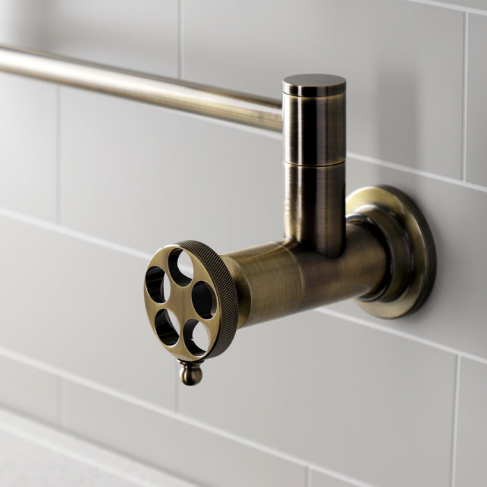 Kingston Sona KS4103RKZ - Wendell Two-Handle 1-Hole Wall Mount Pot Filler Faucet with Knurled Handle, Antique Brass