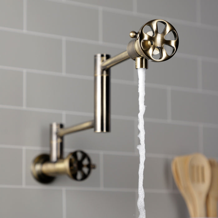 Kingston Sona KS4103RX - Belknap Two-Handle 1-Hole Wall Mount Pot Filler Faucet, Antique Brass