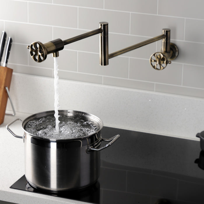 Kingston Sona KS4103RX - Belknap Two-Handle 1-Hole Wall Mount Pot Filler Faucet, Antique Brass