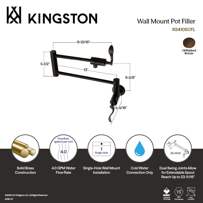 Kingston Century KS4105CFL Two-Handle 1-Hole Wall Mount Pot Filler Faucet, Oil Rubbed Bronze