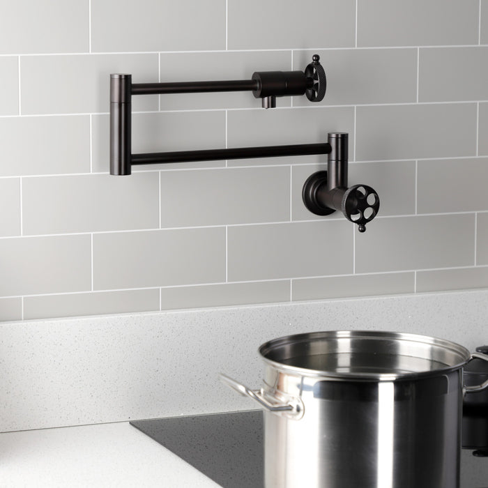Kingston Sona KS4105RKX - Webb Two-Handle 1-Hole Wall Mount Pot Filler Faucet with Knurled Handle, Oil Rubbed Bronze