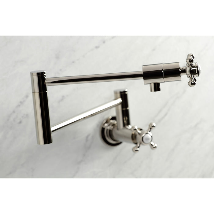 Kingston Tulare KS4106BX - Metropolitan Two-Handle 1-Hole Wall Mount Pot Filler Faucet, Polished Nickel