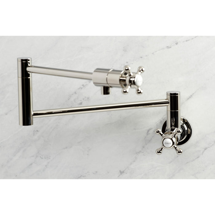 Kingston Tulare KS4106BX - Metropolitan Two-Handle 1-Hole Wall Mount Pot Filler Faucet, Polished Nickel