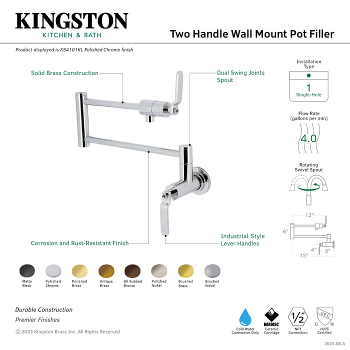 Kingston Sona KS4106KL - Whitaker Two-Handle 1-Hole Wall Mount Pot Filler Faucet, Polished Nickel