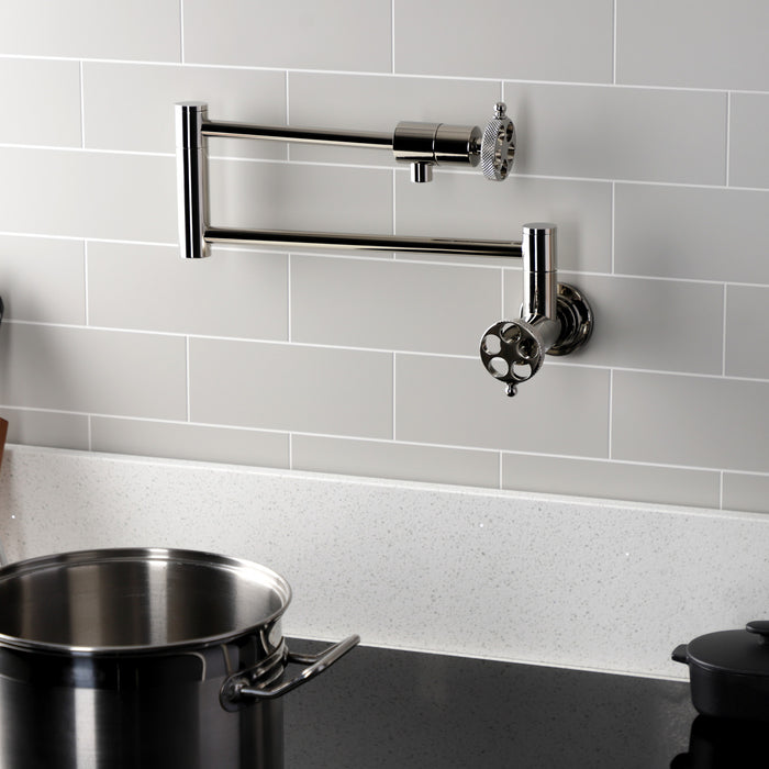Kingston Sona KS4106RKX - Webb Two-Handle 1-Hole Wall Mount Pot Filler Faucet with Knurled Handle, Polished Nickel