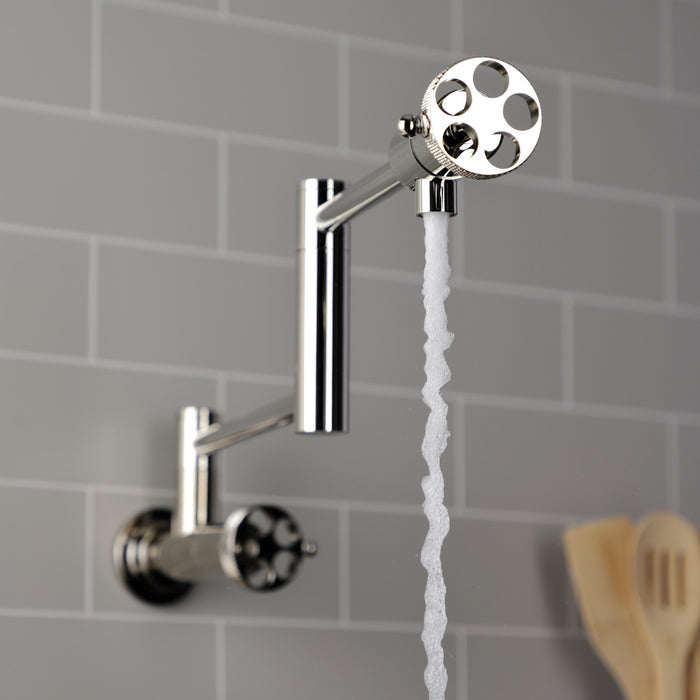 Kingston Sona KS4106RKX - Webb Two-Handle 1-Hole Wall Mount Pot Filler Faucet with Knurled Handle, Polished Nickel
