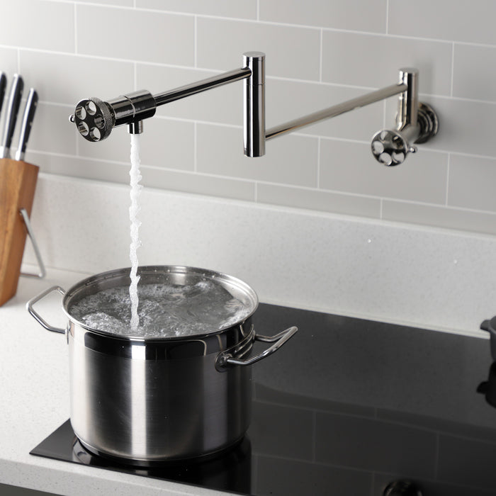 Kingston Sona KS4106RKX - Webb Two-Handle 1-Hole Wall Mount Pot Filler Faucet with Knurled Handle, Polished Nickel